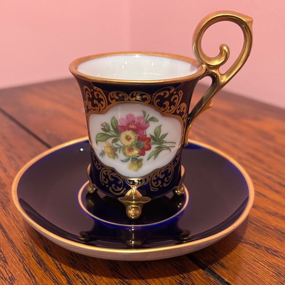 Vintage Lindner Kueps Bavaria Demitasse Cup and Saucer in Cobalt Blue and Gold